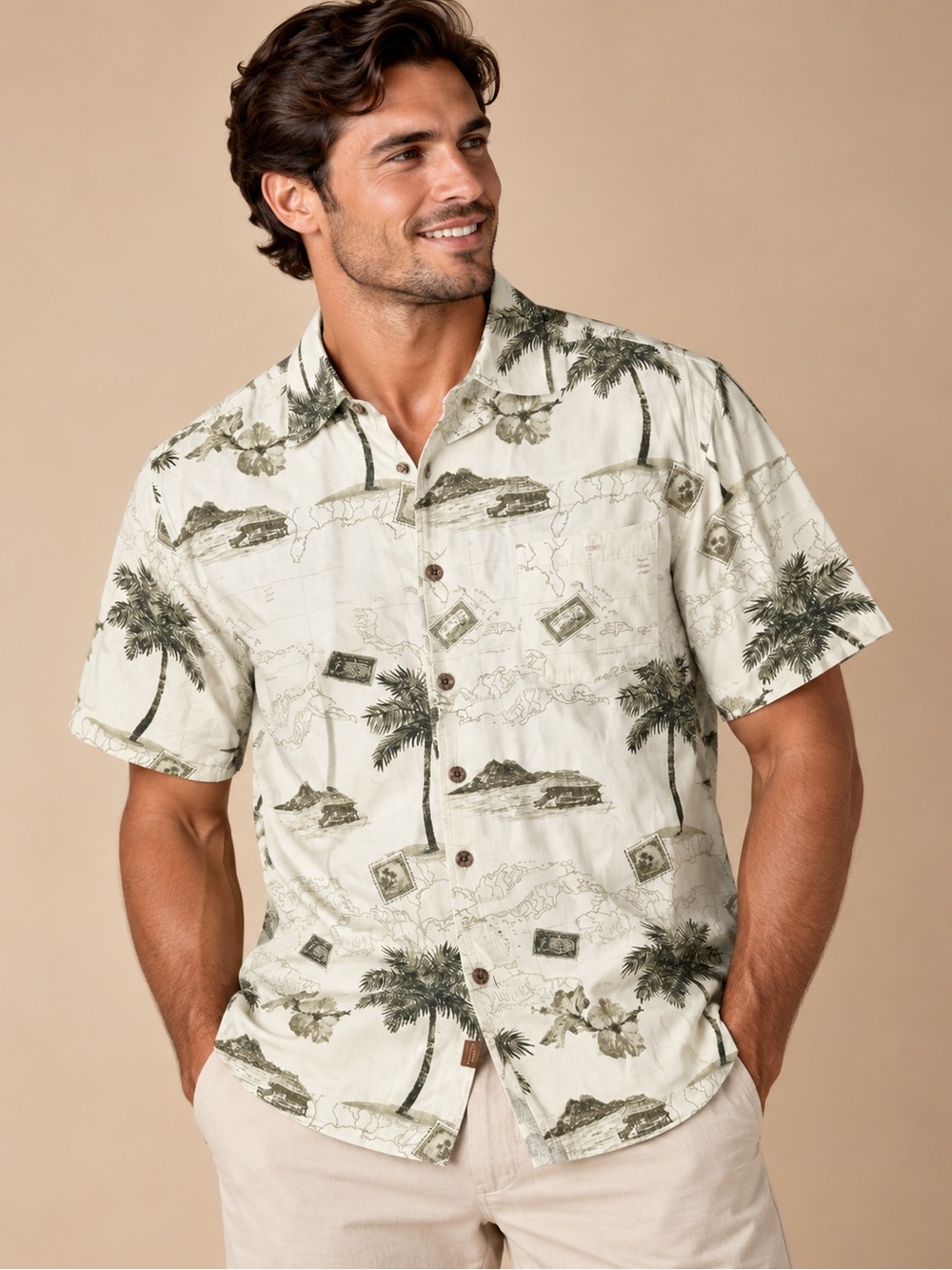Joe Marlin Men’s XL Tropical Palm Tree Map Resort Shirt